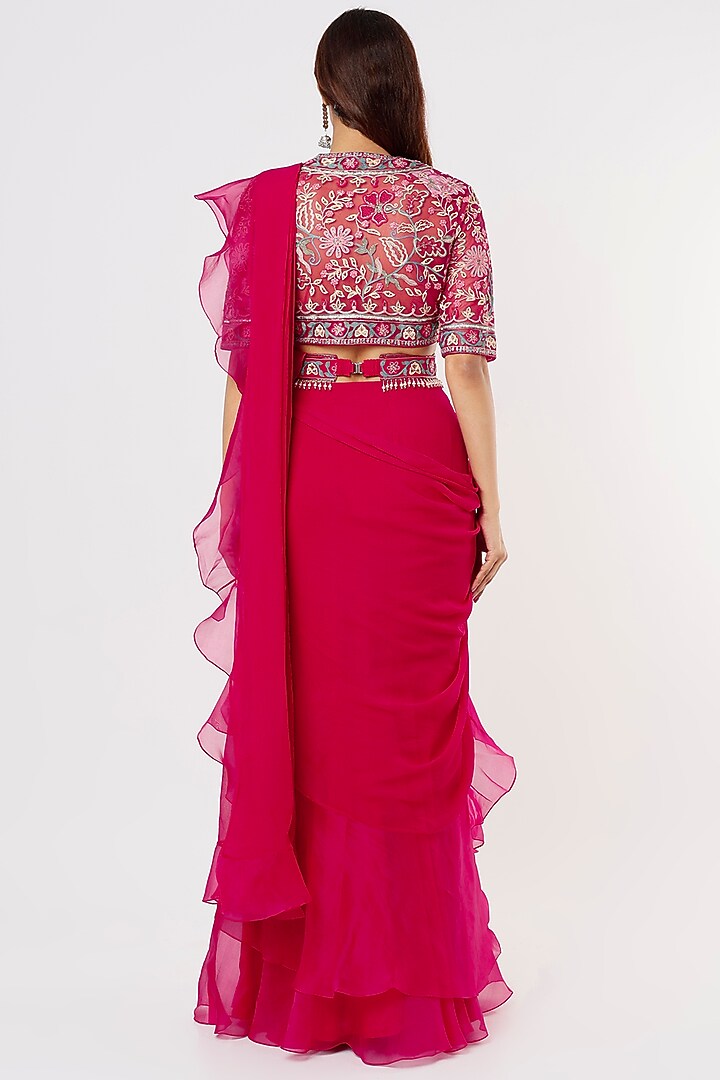 Deep Fuchsia Chiffon Draped Ruffled Reception Saree Set by Ridhi Mehra at Pernia's Pop Up Shop