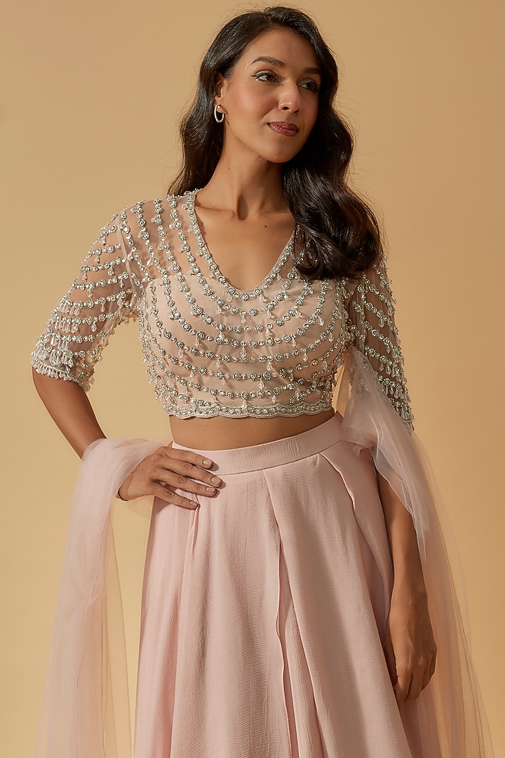 Dusty Pink Chiffon Organza Wedding Lehenga Set by Ridhi Mehra at Pernia's Pop Up Shop