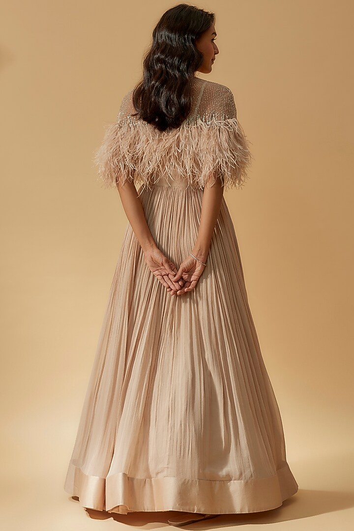 Champagne Chiffon Bridal Anarkali With Cape by Ridhi Mehra at Pernia's Pop Up Shop