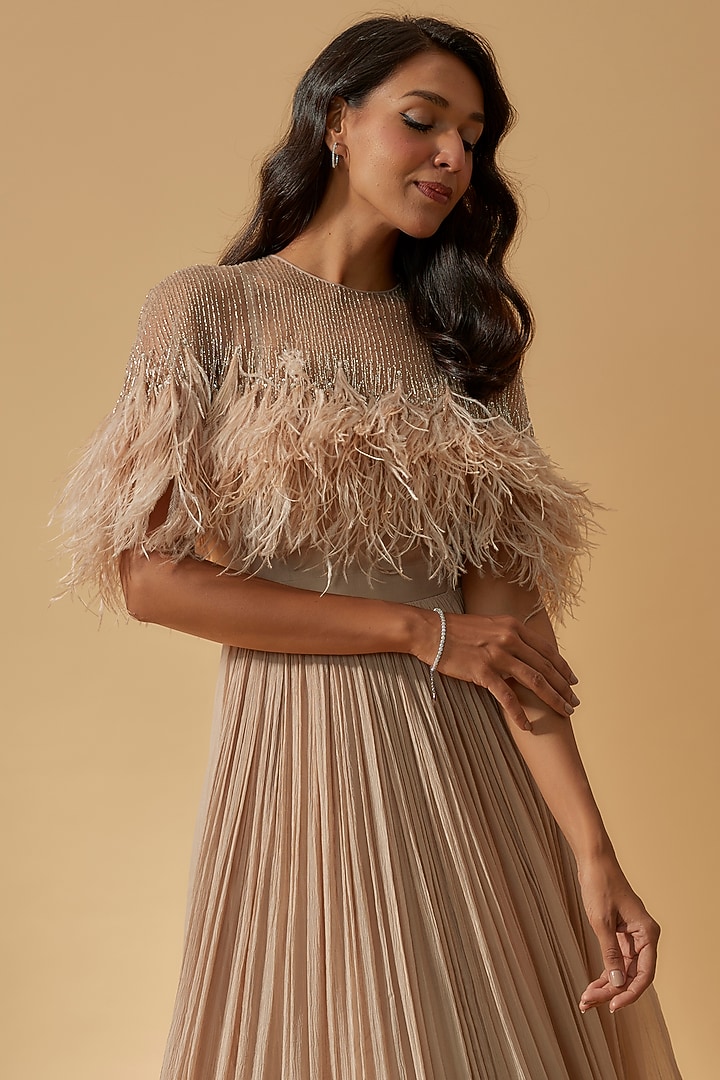 Champagne Chiffon Bridal Anarkali With Cape by Ridhi Mehra at Pernia's Pop Up Shop