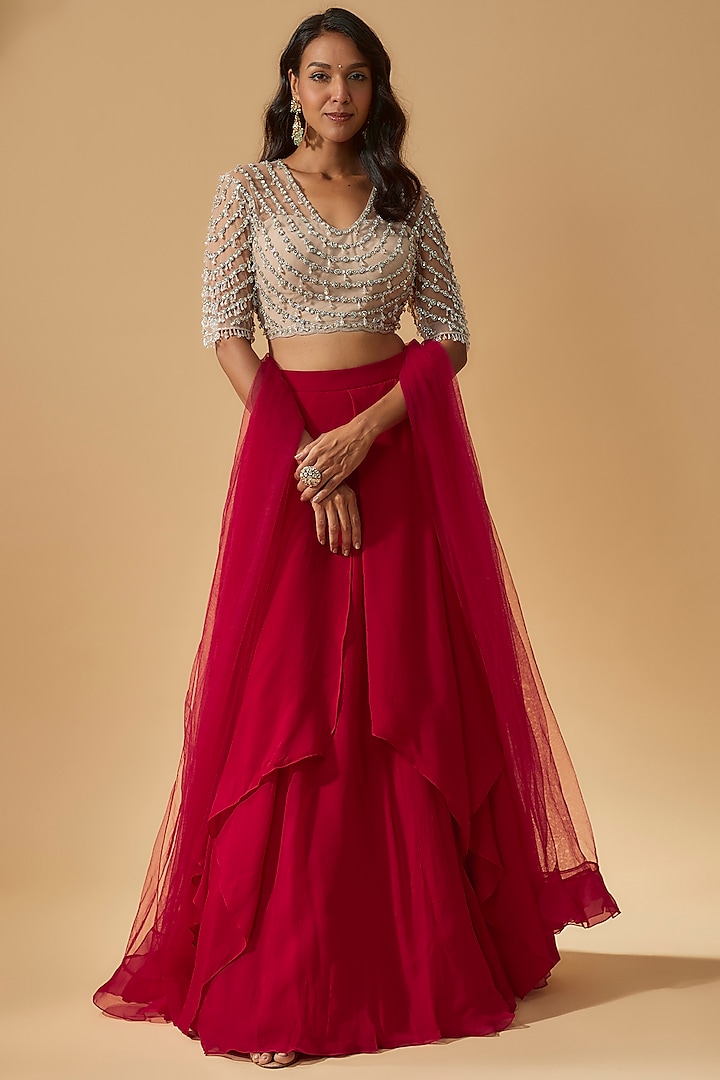 Red Chiffon Organza Lehenga Set by Ridhi Mehra