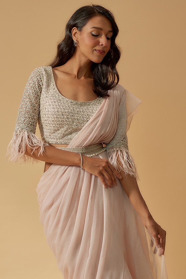 Baby Pink Organza Chiffon Draped Reception Saree Set by Ridhi Mehra at Pernia's Pop Up Shop