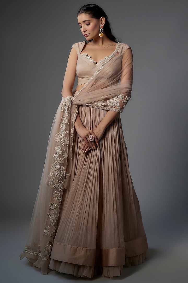 Champagne Chiffon Wedding Lehenga Set by Ridhi Mehra at Pernia's Pop Up Shop