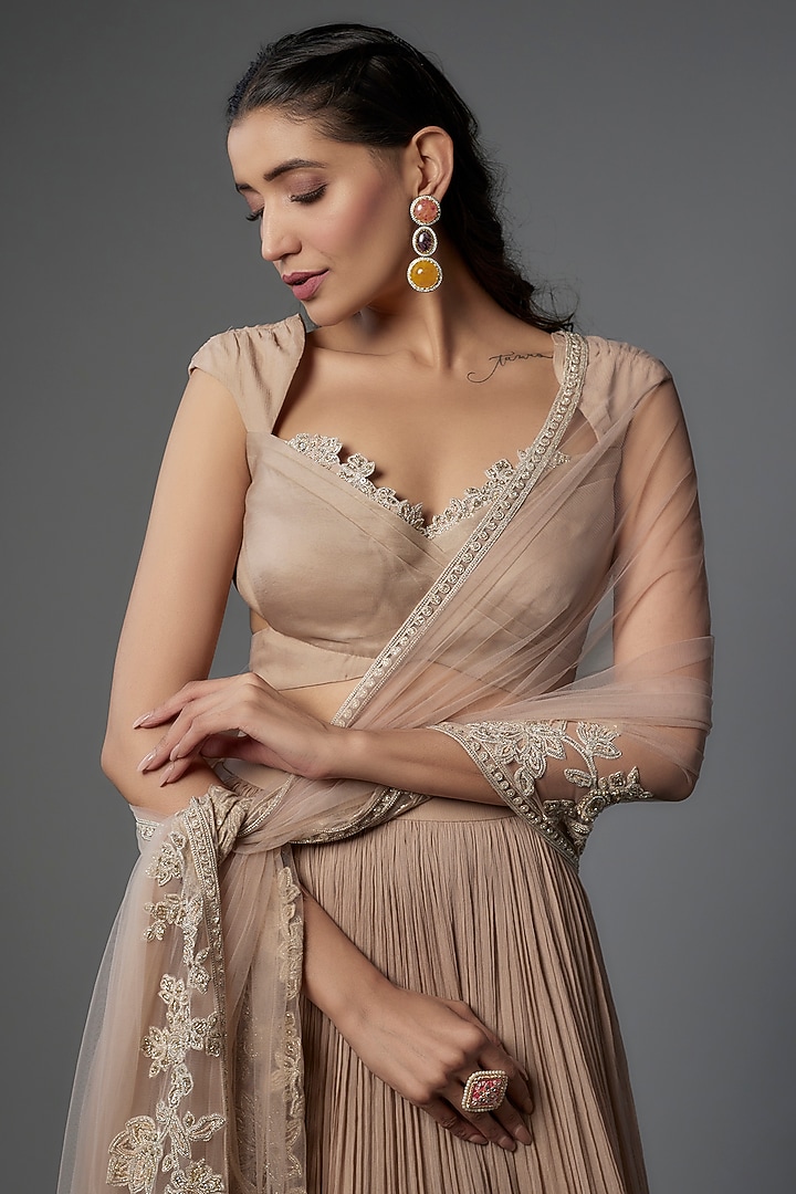 Champagne Chiffon Wedding Lehenga Set by Ridhi Mehra at Pernia's Pop Up Shop