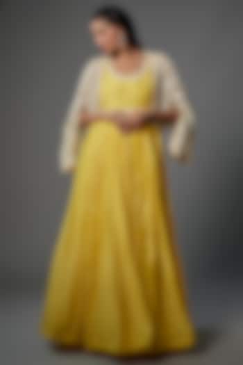 Yellow Fine Silk Embroidered Bridal Anarkali With Jacket by Ridhi Mehra at Pernia's Pop Up Shop
