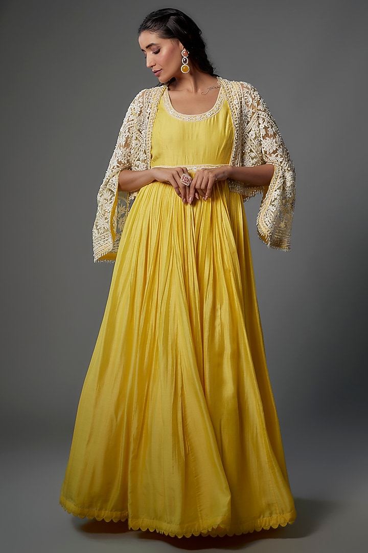 Yellow Fine Silk Embroidered Bridal Anarkali With Jacket by Ridhi Mehra at Pernia's Pop Up Shop
