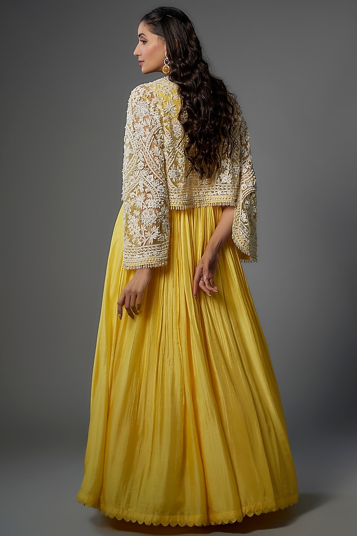 Yellow Fine Silk Embroidered Bridal Anarkali With Jacket by Ridhi Mehra at Pernia's Pop Up Shop