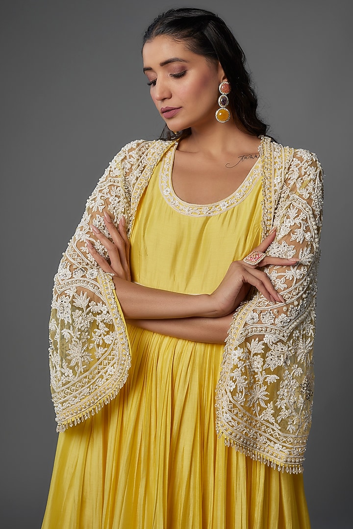 Yellow Fine Silk Embroidered Bridal Anarkali With Jacket by Ridhi Mehra at Pernia's Pop Up Shop