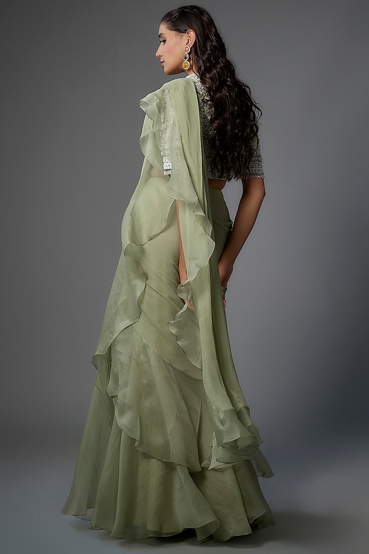 Mint Green Organza & Chiffon Draped Ruffled Reception Saree Set by Ridhi Mehra at Pernia's Pop Up Shop
