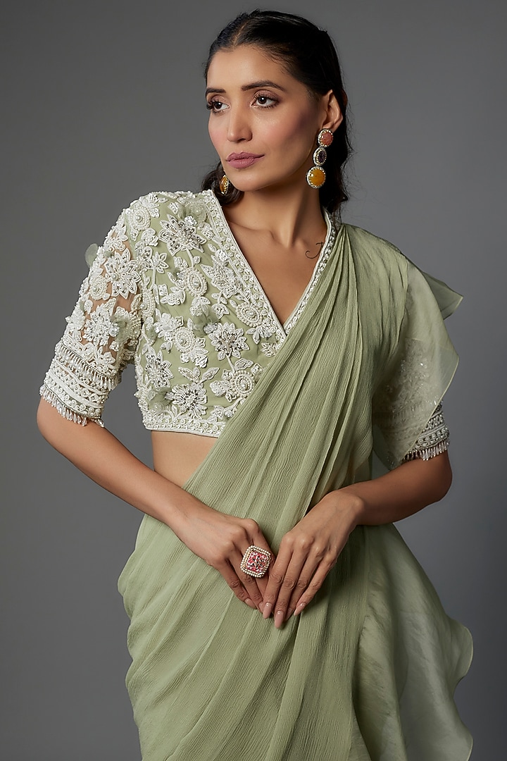 Mint Green Organza & Chiffon Draped Ruffled Reception Saree Set by Ridhi Mehra at Pernia's Pop Up Shop