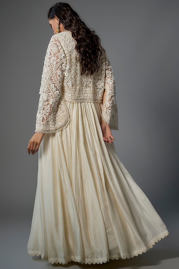 Ivory Fine Silk Embroidered Bridal Anarkali With Jacket by Ridhi Mehra at Pernia's Pop Up Shop