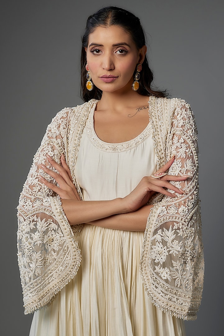 Ivory Fine Silk Embroidered Bridal Anarkali With Jacket by Ridhi Mehra at Pernia's Pop Up Shop