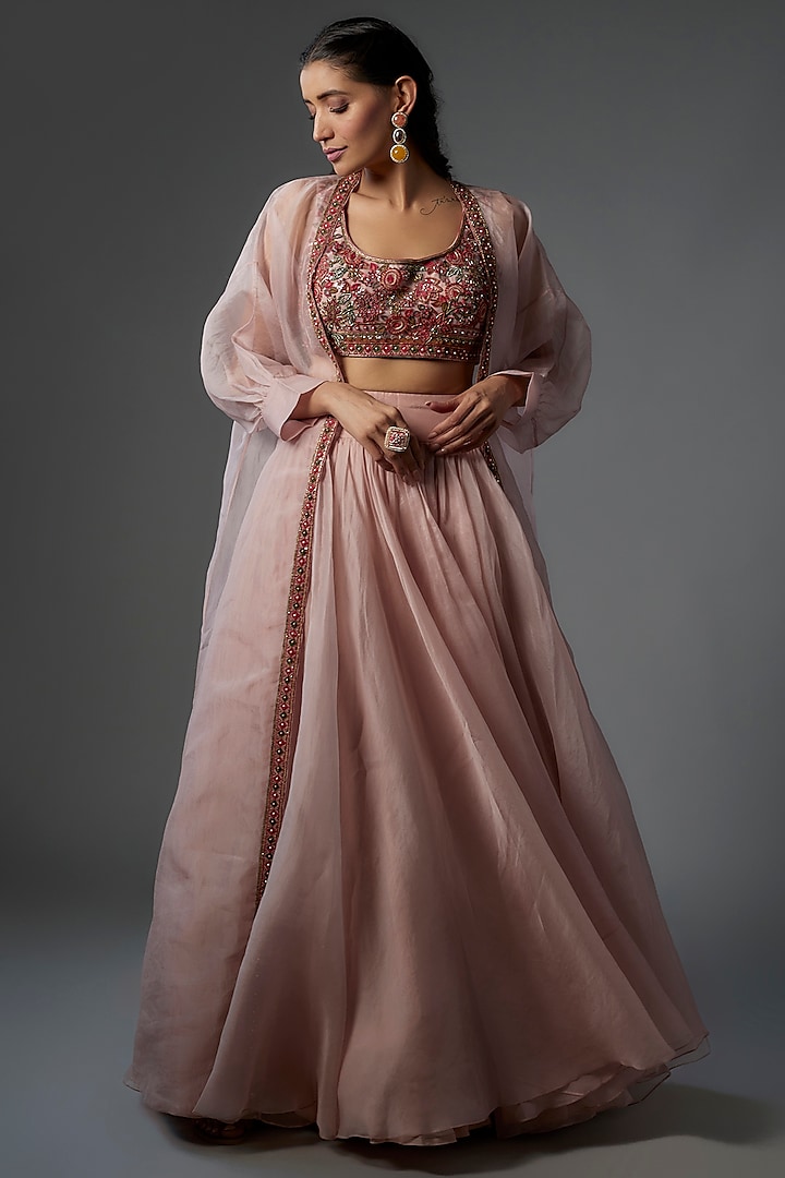 Pink Georgette Jacket Lehenga Set by Ridhi Mehra