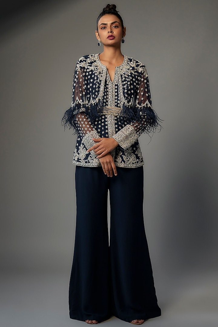 Navy Blue Georgette Pant Set by Ridhi Mehra at Pernia's Pop Up Shop