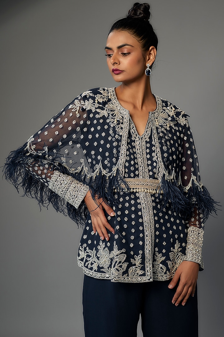 Navy Blue Georgette Pant Set by Ridhi Mehra at Pernia's Pop Up Shop