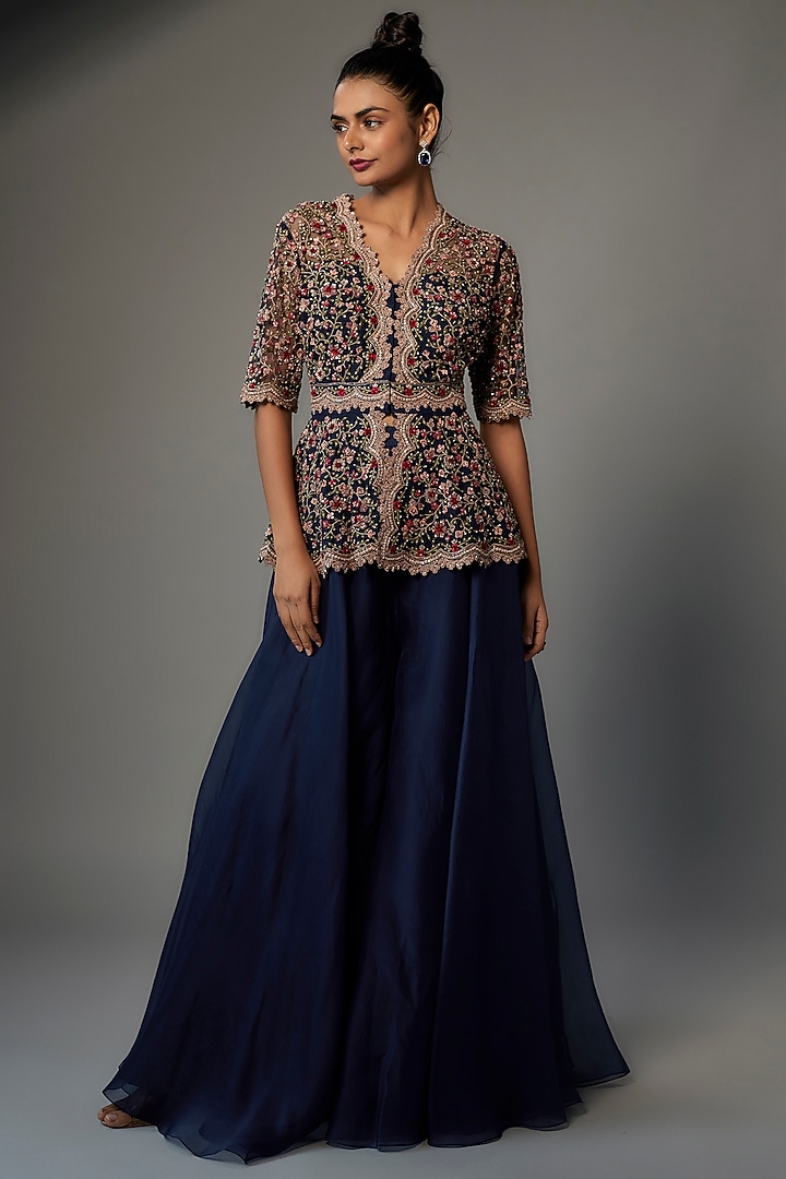 Navy Blue Organza Bridal Sharara Set by Ridhi Mehra at Pernia's Pop Up Shop