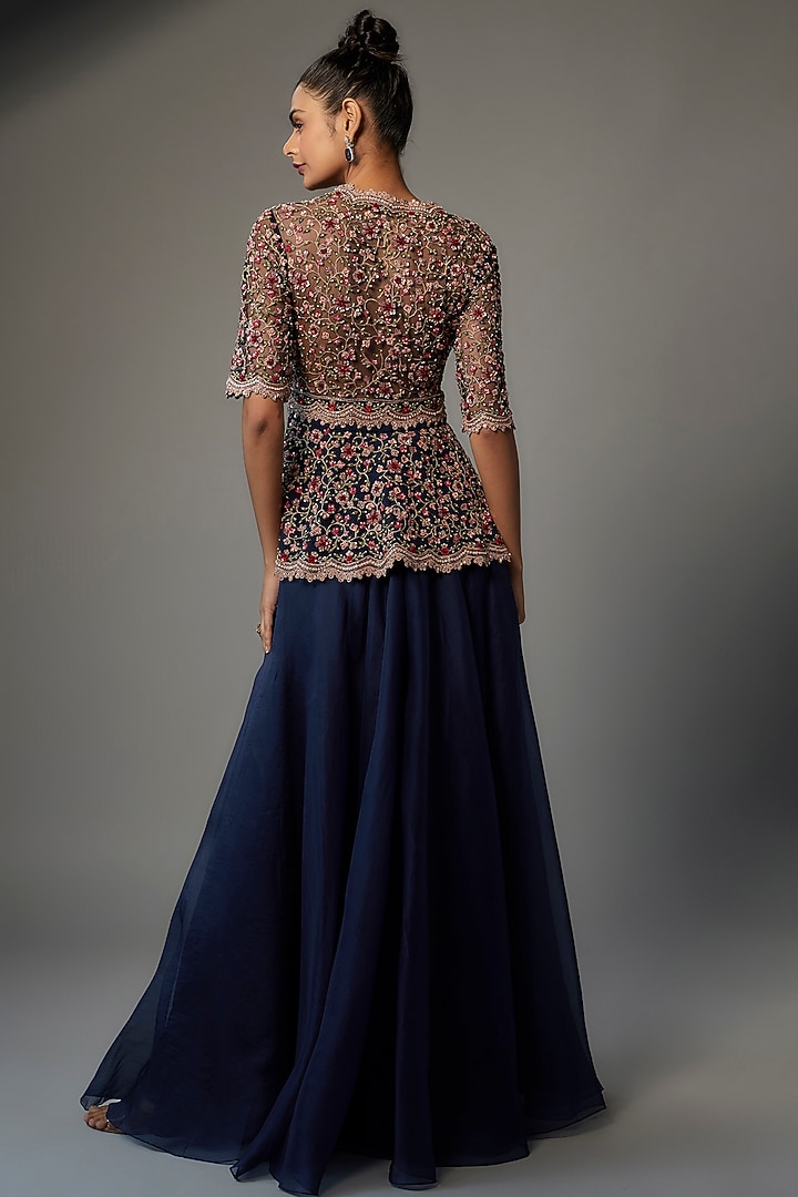 Navy Blue Organza Bridal Sharara Set by Ridhi Mehra at Pernia's Pop Up Shop