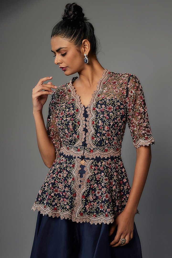 Navy Blue Organza Bridal Sharara Set by Ridhi Mehra at Pernia's Pop Up Shop