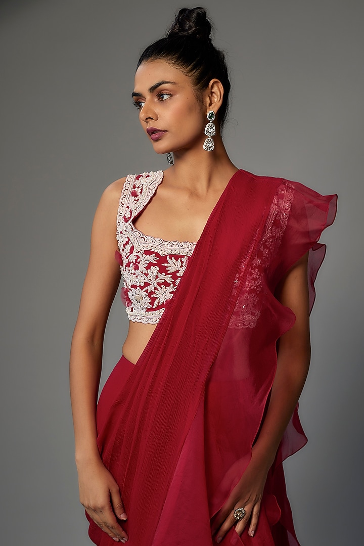 Red Chiffon Organza Draped Ruffle Reception Saree Set by Ridhi Mehra at Pernia's Pop Up Shop