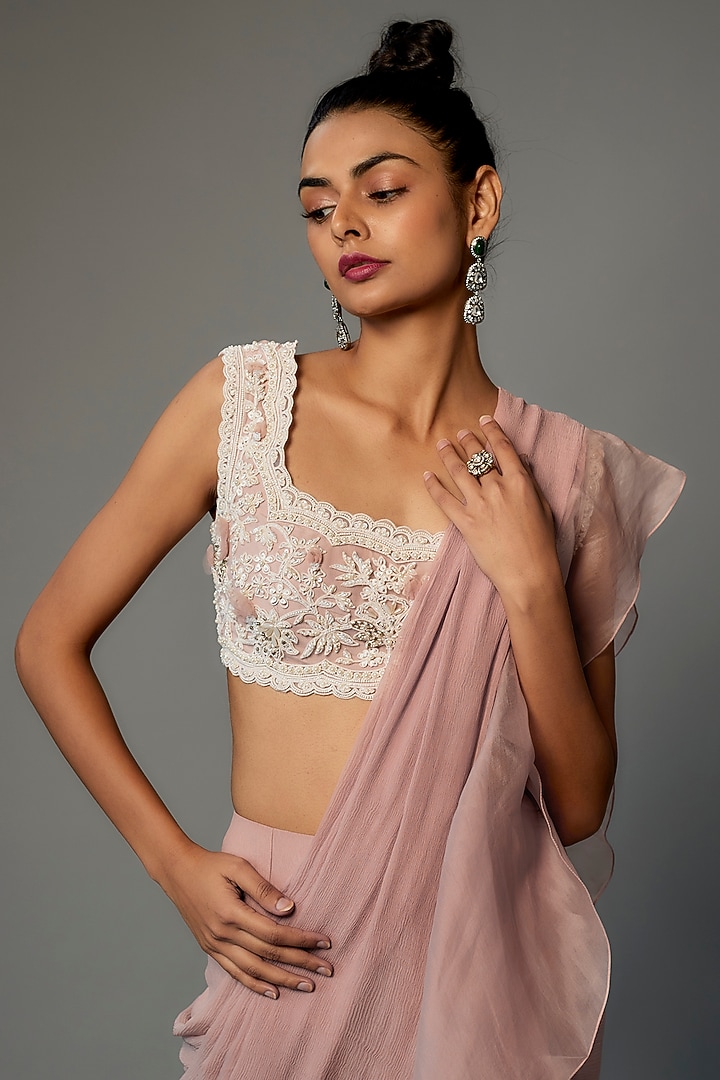 Dusky Pink Chiffon Organza Draped Ruffle Reception Saree Set by Ridhi Mehra at Pernia's Pop Up Shop