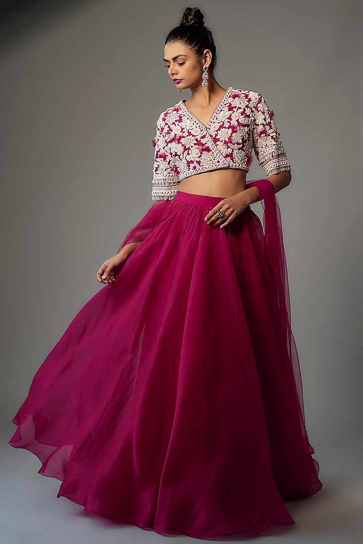 Fuchsia Chiffon Organza Wedding Lehenga Set by Ridhi Mehra at Pernia's Pop Up Shop