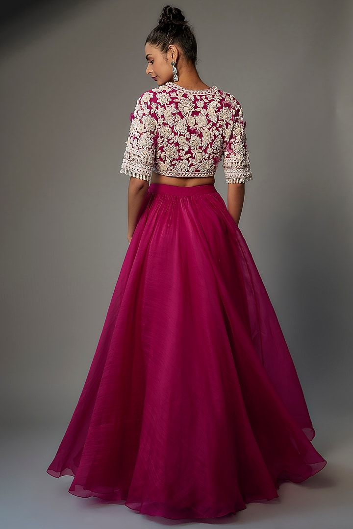Fuchsia Chiffon Organza Wedding Lehenga Set by Ridhi Mehra at Pernia's Pop Up Shop