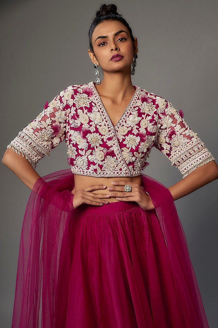 Fuchsia Chiffon Organza Wedding Lehenga Set by Ridhi Mehra at Pernia's Pop Up Shop