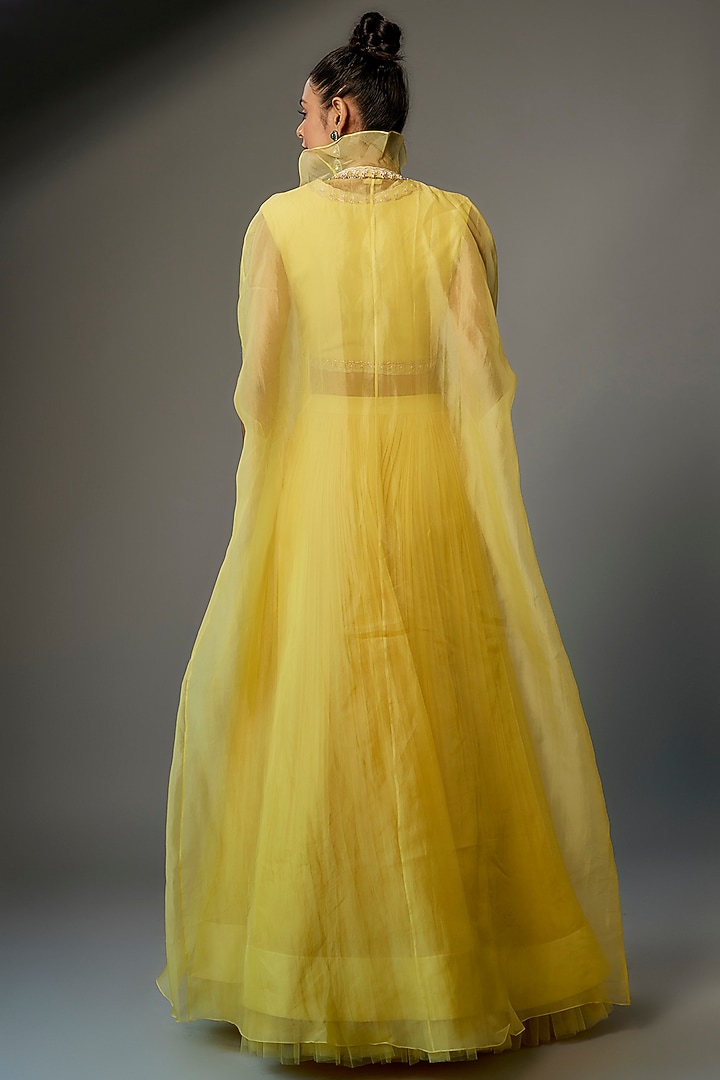 Yellow Chiffon Organza Jacket Wedding Lehenga Set by Ridhi Mehra at Pernia's Pop Up Shop