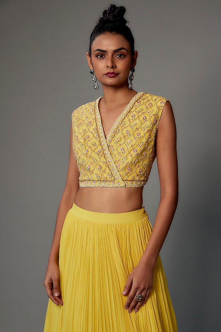 Yellow Chiffon Organza Jacket Wedding Lehenga Set by Ridhi Mehra at Pernia's Pop Up Shop