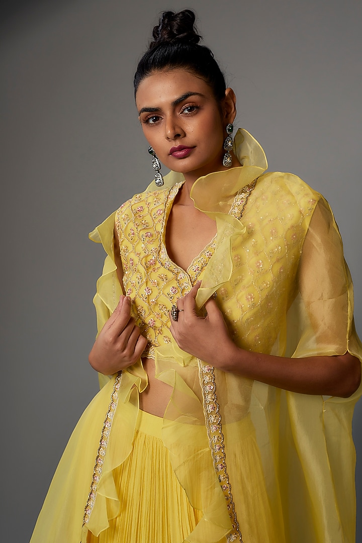 Yellow Chiffon Organza Jacket Wedding Lehenga Set by Ridhi Mehra at Pernia's Pop Up Shop