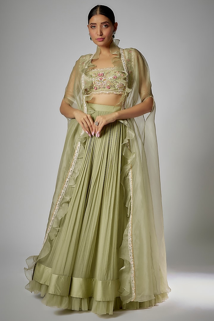 Mint Net Embroidered Cape Set by Ridhi Mehra