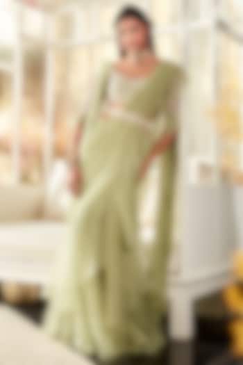 Mint Embroidered Draped Reception Saree Set by Ridhi Mehra at Pernia's Pop Up Shop