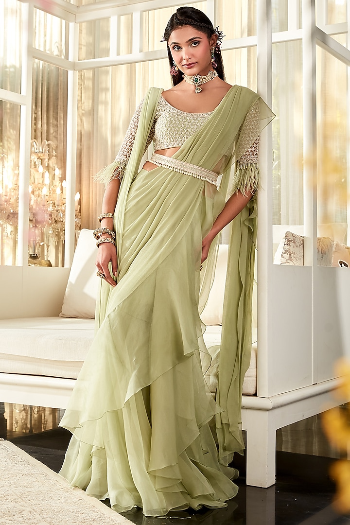 Mint Embroidered Draped Reception Saree Set by Ridhi Mehra at Pernia's Pop Up Shop