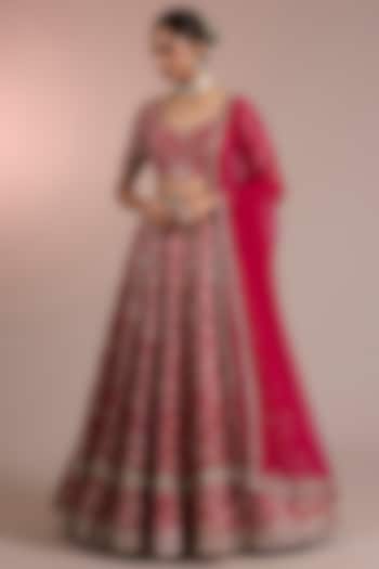 Fuchsia Raw Silk Embroidered Bridal Lehenga Set by Ridhi Mehra at Pernia's Pop Up Shop