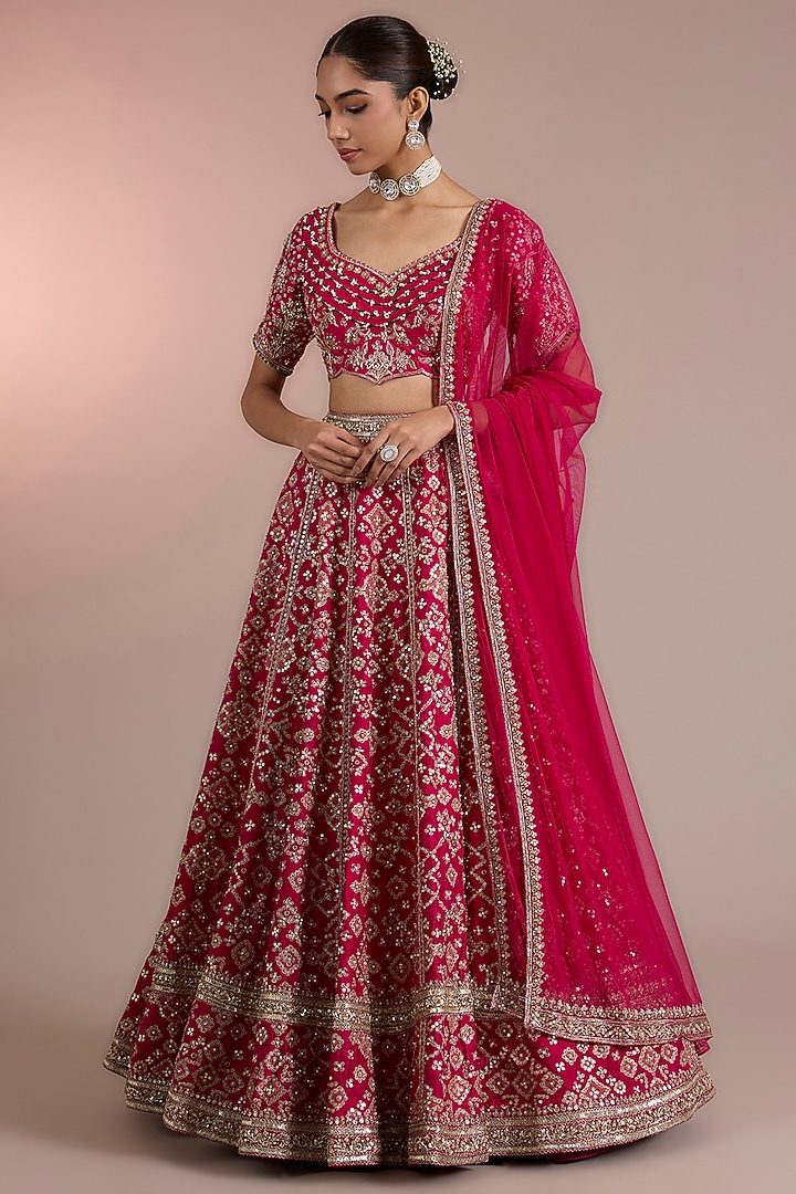 Fuchsia Raw Silk Embroidered Bridal Lehenga Set by Ridhi Mehra at Pernia's Pop Up Shop