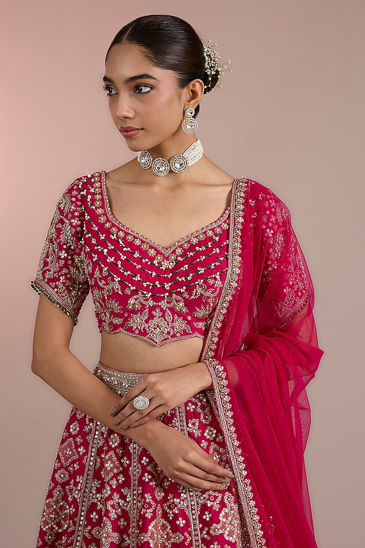 Fuchsia Raw Silk Embroidered Bridal Lehenga Set by Ridhi Mehra at Pernia's Pop Up Shop