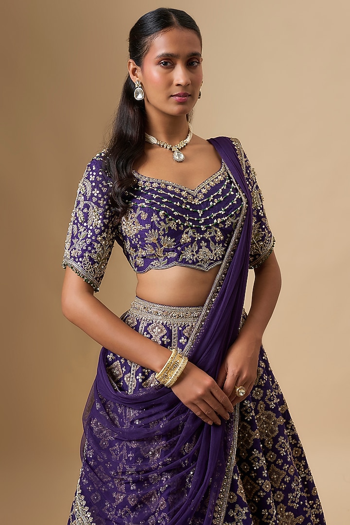 Purple Raw Silk Embroidered Bridal Lehenga Set by Ridhi Mehra at Pernia's Pop Up Shop