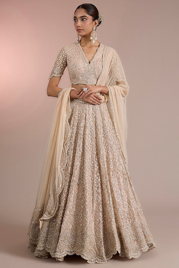 Rose Gold Tissue Embroidered Bridal Lehenga Set by Ridhi Mehra at Pernia's Pop Up Shop