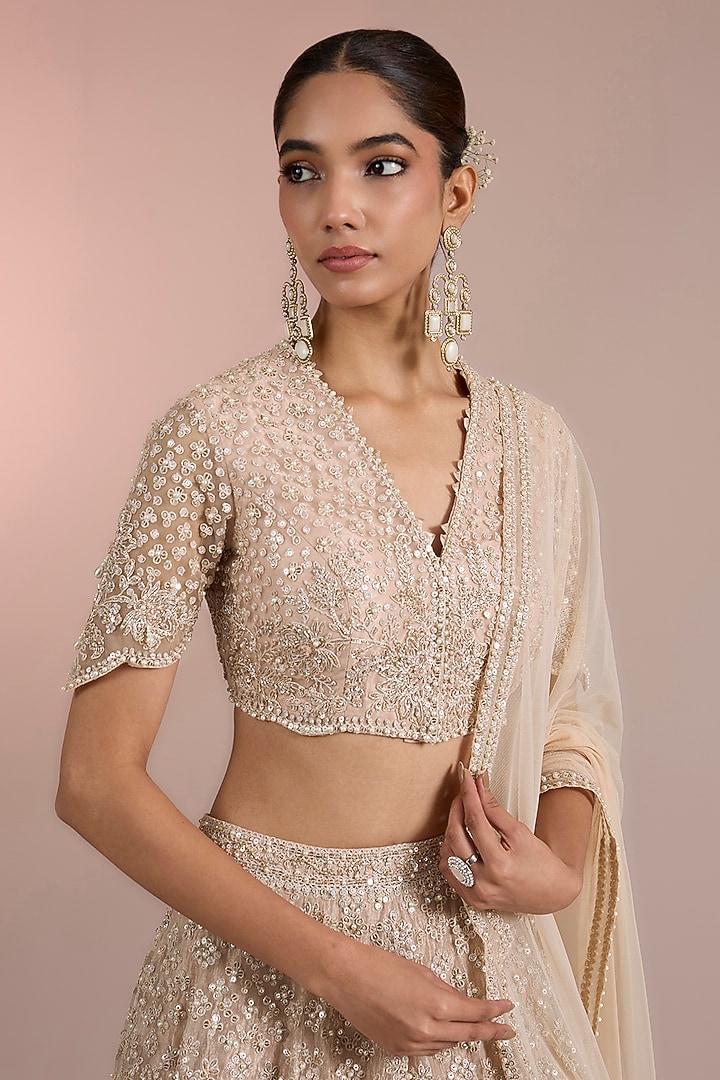 Rose Gold Tissue Embroidered Bridal Lehenga Set by Ridhi Mehra at Pernia's Pop Up Shop