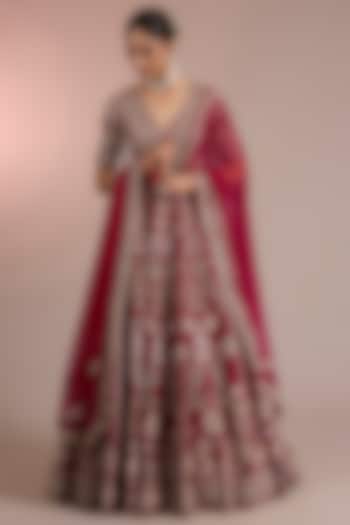 Red Raw Silk Embroidered Bridal Lehenga Set by Ridhi Mehra at Pernia's Pop Up Shop