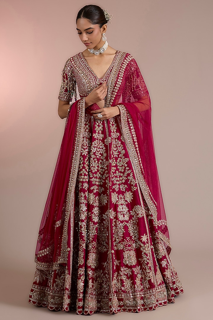 Red Raw Silk Embroidered Bridal Lehenga Set by Ridhi Mehra at Pernia's Pop Up Shop
