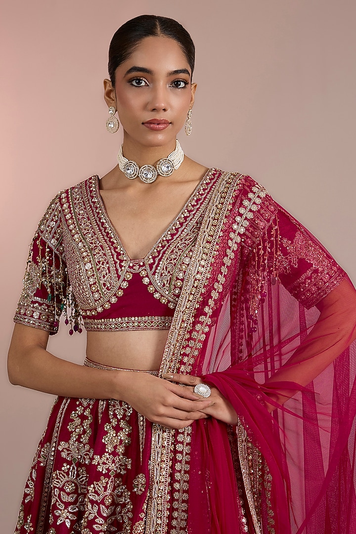 Red Raw Silk Embroidered Bridal Lehenga Set by Ridhi Mehra at Pernia's Pop Up Shop