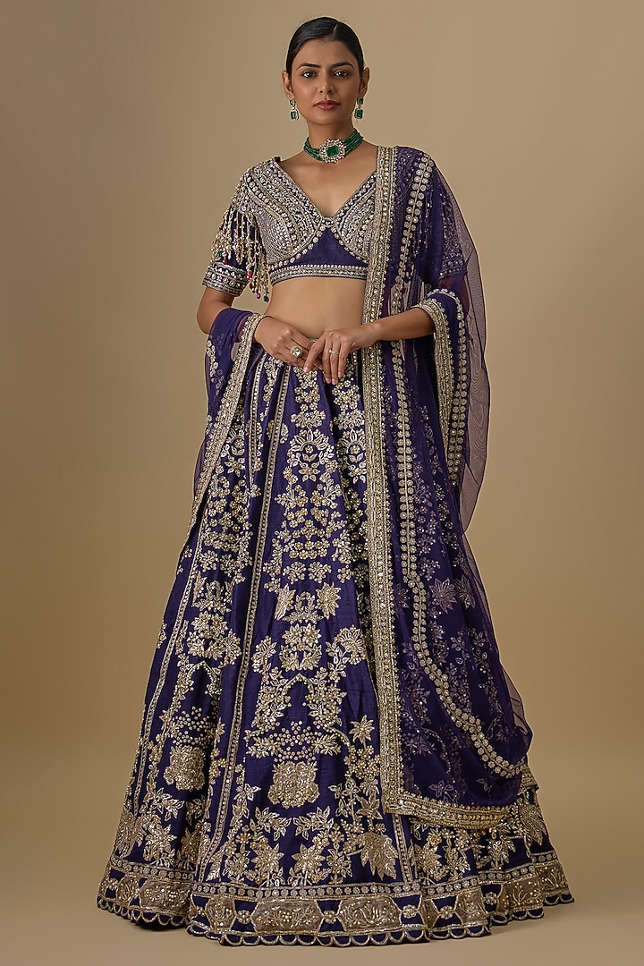 Purple Raw Silk Embroidered Bridal Lehenga Set by Ridhi Mehra at Pernia's Pop Up Shop