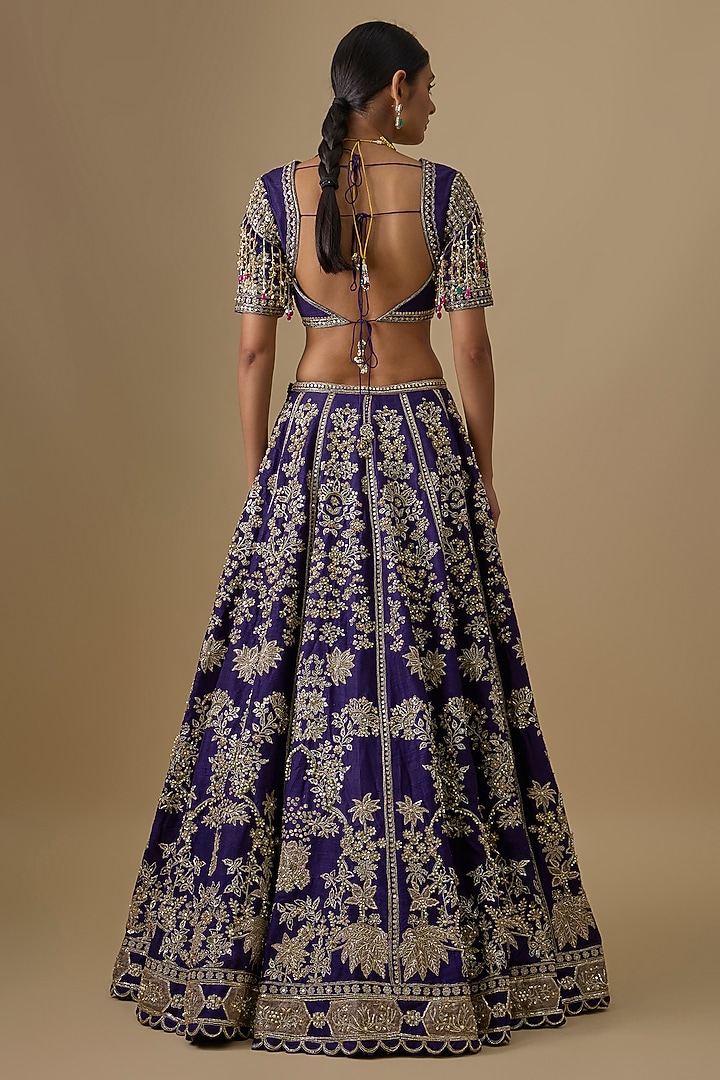Purple Raw Silk Embroidered Bridal Lehenga Set by Ridhi Mehra at Pernia's Pop Up Shop