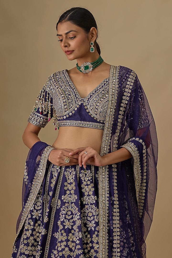 Purple Raw Silk Embroidered Bridal Lehenga Set by Ridhi Mehra at Pernia's Pop Up Shop