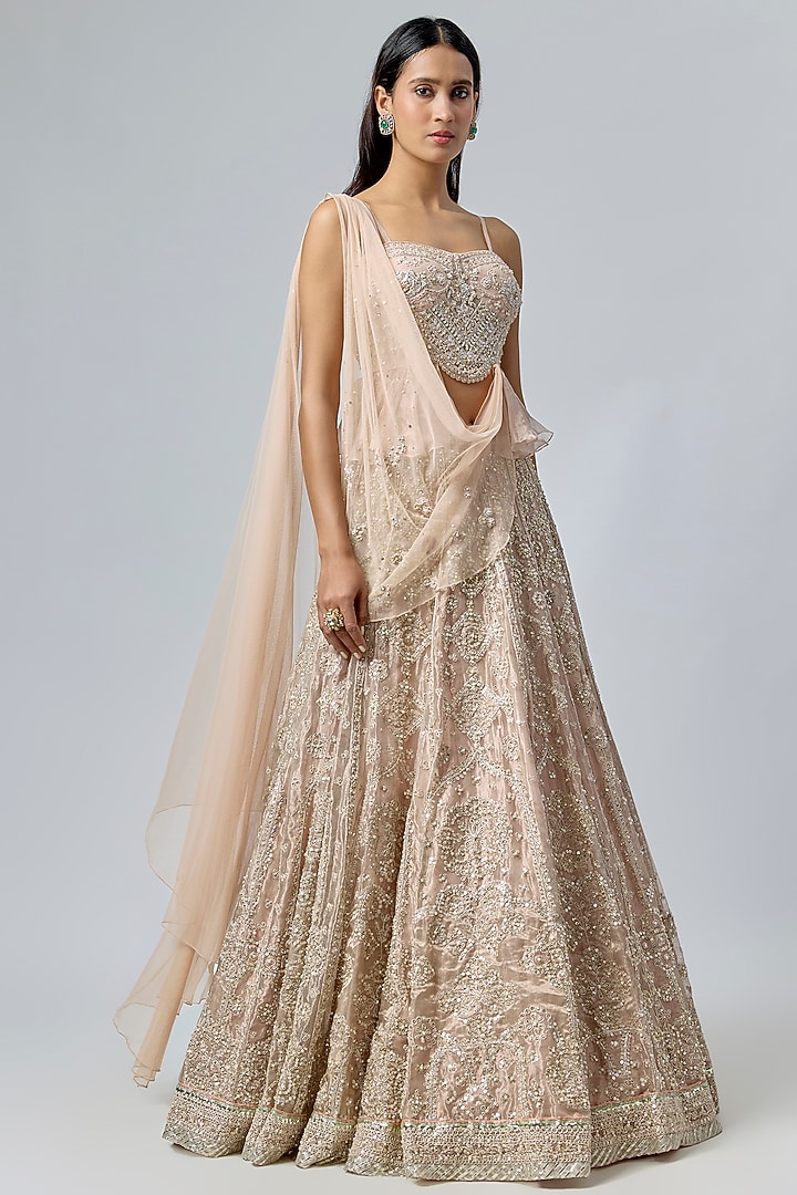 Rose Gold Tissue Embroidered Bridal Lehenga Set by Ridhi Mehra at Pernia's Pop Up Shop