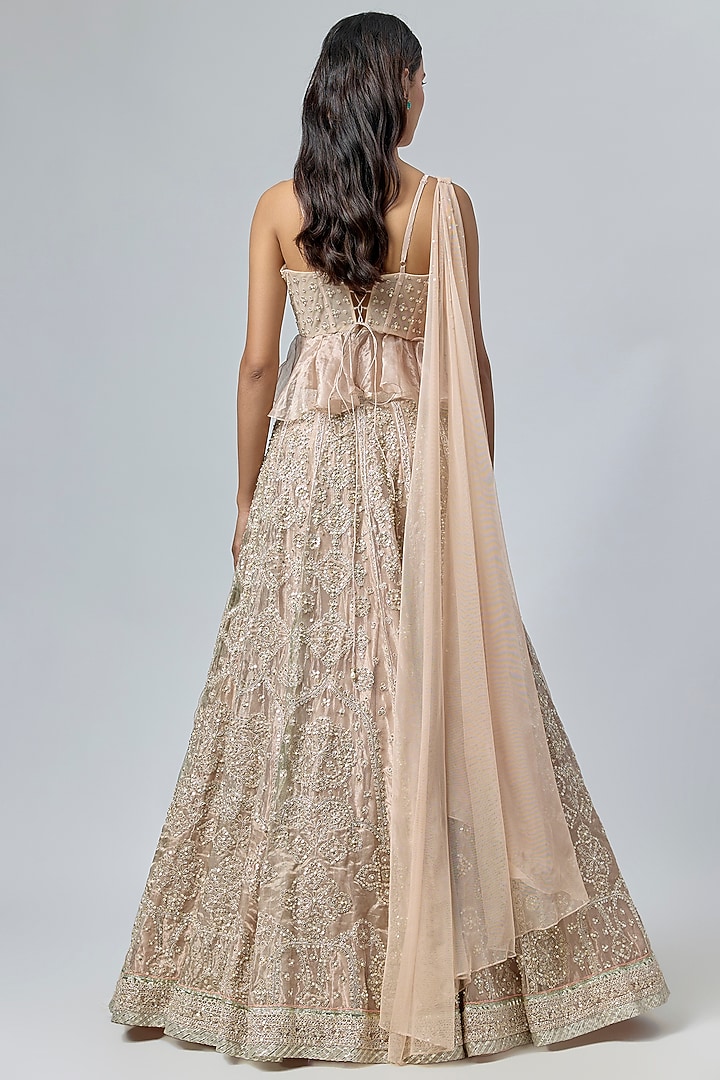 Rose Gold Tissue Embroidered Bridal Lehenga Set by Ridhi Mehra at Pernia's Pop Up Shop