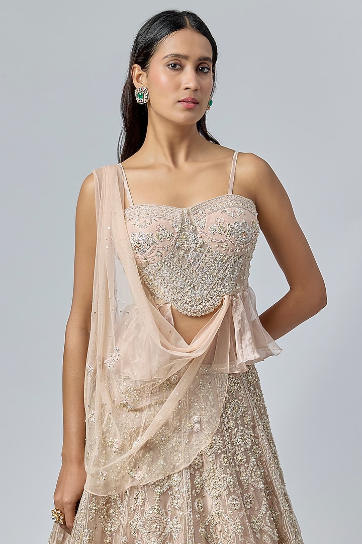 Rose Gold Tissue Embroidered Bridal Lehenga Set by Ridhi Mehra at Pernia's Pop Up Shop