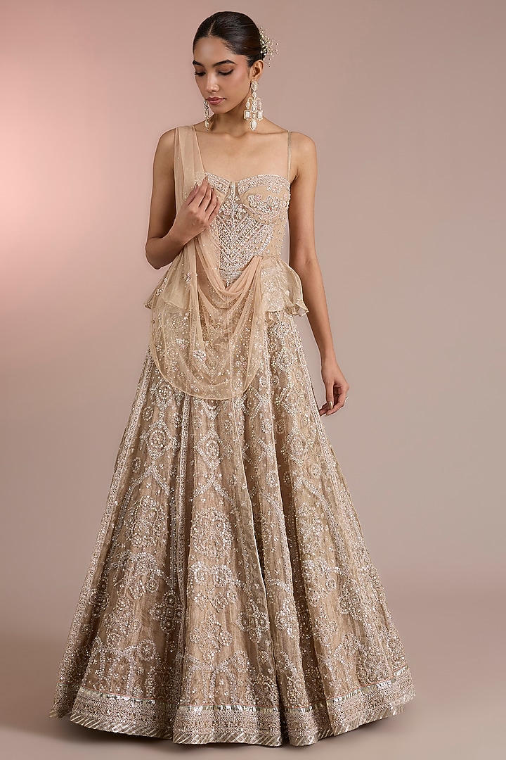 Gunmetal Tissue Embroidered Bridal Lehenga Set by Ridhi Mehra at Pernia's Pop Up Shop