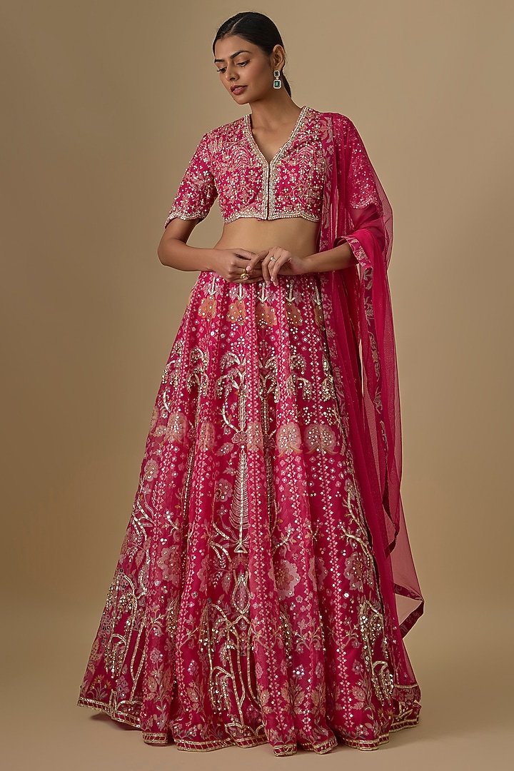 Fuchsia Organza Embroidered Bridal Lehenga Set by Ridhi Mehra at Pernia's Pop Up Shop